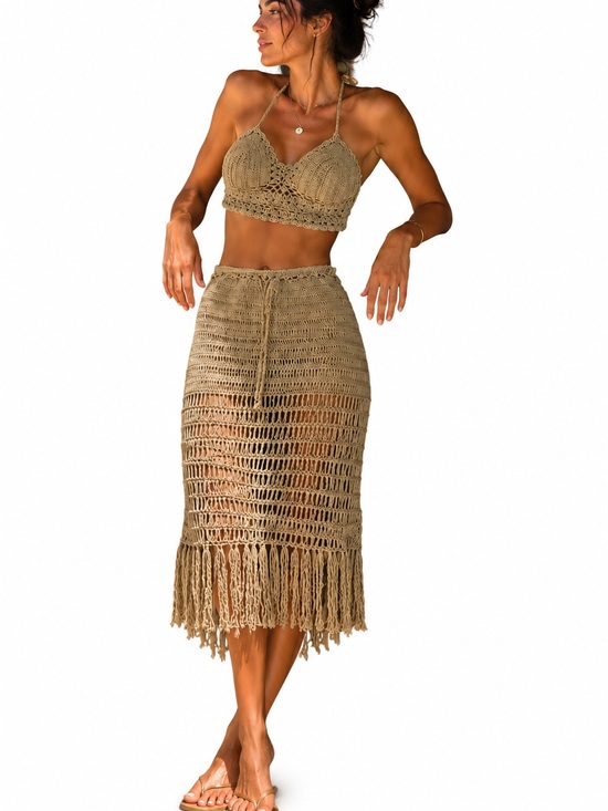 Other - New Handmade Crochet Set, Fringe Midi Skirt and Top - Tan